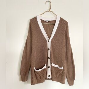 LOFT Tan and Cream Women's Old money minimalist Cardigan Sweater L 100% cotton